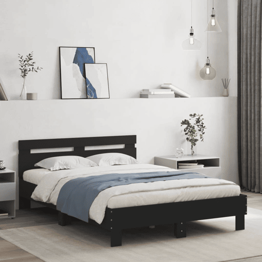 Estrutura de Cama de casal para adultos com cabeceira e luzes LED 120x200 cm preto