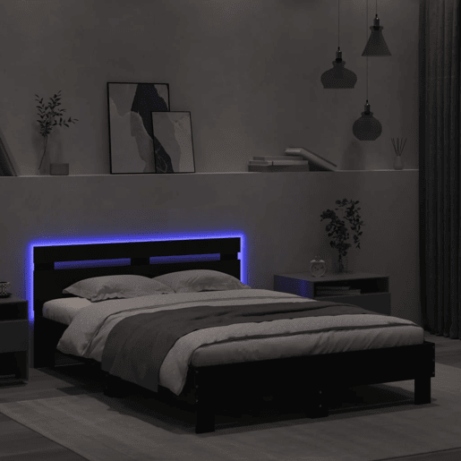 Estrutura de Cama de casal para adultos com cabeceira e luzes LED 120x200 cm preto