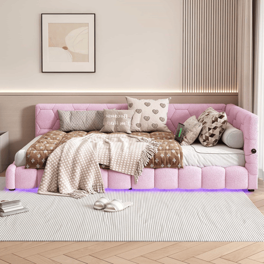 Sofá-cama de veludo 90x200 cm - com LED e porta USB - Rosa Sofá-cama de veludo 90x200 cm - com LED e porta USB - Rosa