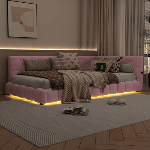 Sofá-cama de veludo 90x200 cm - com LED e porta USB - Rosa Sofá-cama de veludo 90x200 cm - com LED e porta USB - Rosa