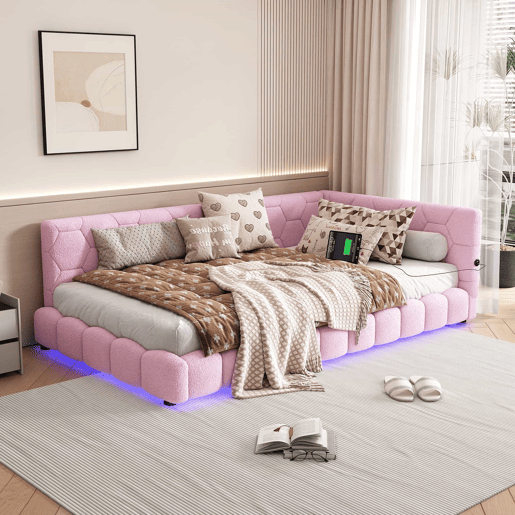 Sofá-cama de veludo 90x200 cm - com LED e porta USB - Rosa Sofá-cama de veludo 90x200 cm - com LED e porta USB - Rosa