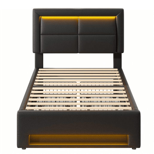 Cama estofada 90x190 - com porta USB, carregamento sem fios e com fios, LED e 4 gavetas - Preto