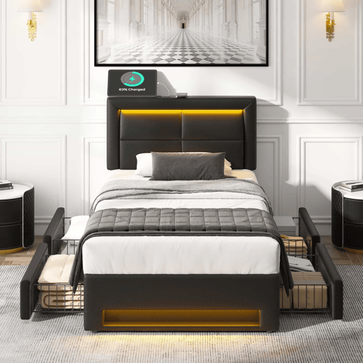 Cama estofada 90x190 - com porta USB, carregamento sem fios e com fios, LED e 4 gavetas - Preto