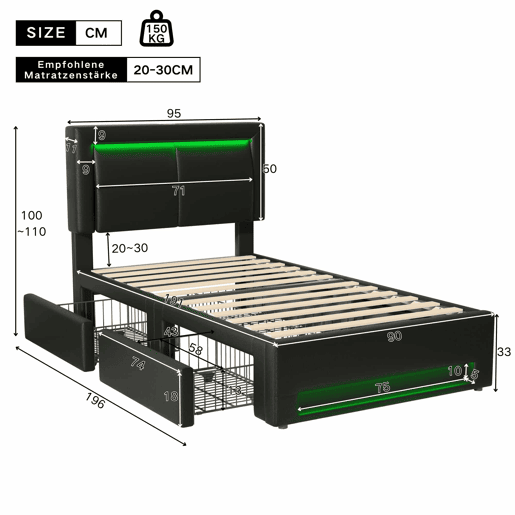 Cama estofada 90x190 - com porta USB, carregamento sem fios e com fios, LED e 4 gavetas - Preto