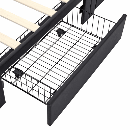Cama estofada 90x190 - com porta USB, carregamento sem fios e com fios, LED e 4 gavetas - Preto