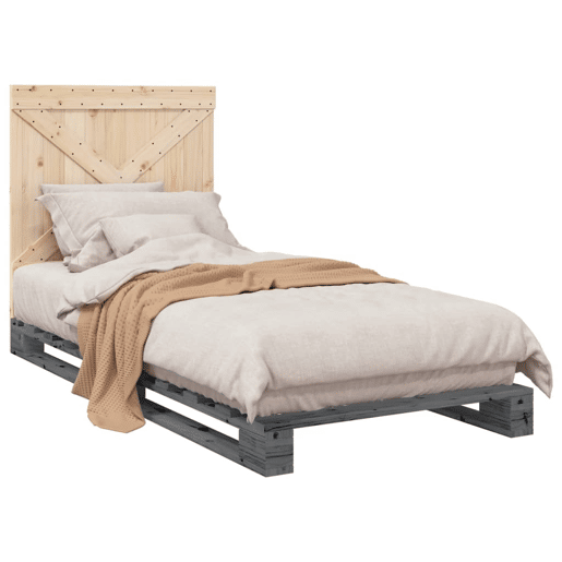 Estrutura de cama de solteiro para adultos com cabeceira 90x200 cm pinho maciço cinzento