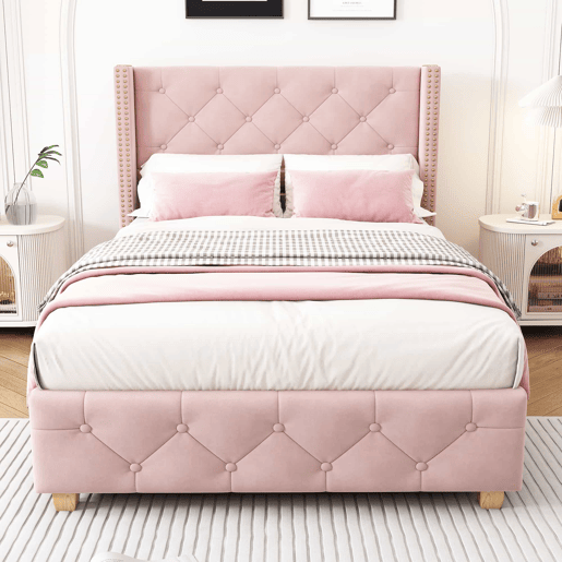 Cama estofada 90*200 - cabeceira acolchoada com botões e tachas, pés de madeira - Rosa