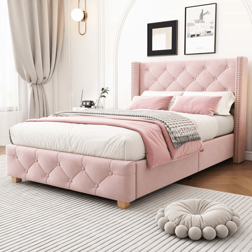 Cama estofada 90*200 - cabeceira acolchoada com botões e tachas, pés de madeira - Rosa