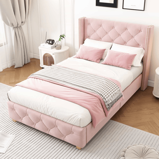 Cama estofada 90*200 - cabeceira acolchoada com botões e tachas, pés de madeira - Rosa