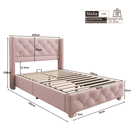Cama estofada 90*200 - cabeceira acolchoada com botões e tachas, pés de madeira - Rosa