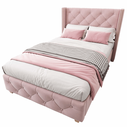 Cama estofada 90*200 - cabeceira acolchoada com botões e tachas, pés de madeira - Rosa