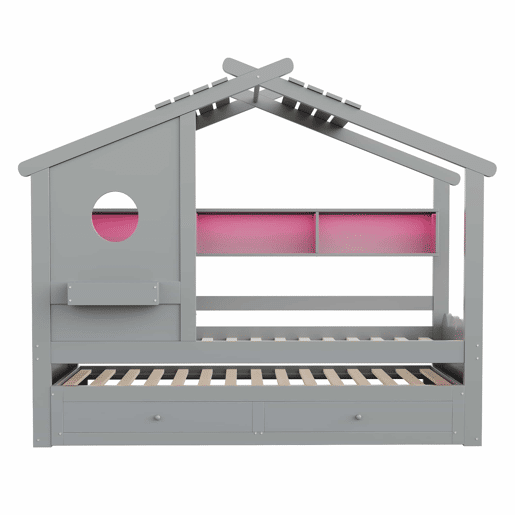 Cama infantil 90x200 - Cama extraível 90x190, design em forma de casa, com duas gavetas, portas USB e Type-C, LED, prateleiras, cama multifuncional - Cinza
