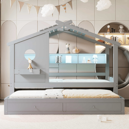 Cama infantil 90x200 - Cama extraível 90x190, design em forma de casa, com duas gavetas, portas USB e Type-C, LED, prateleiras, cama multifuncional - Cinza