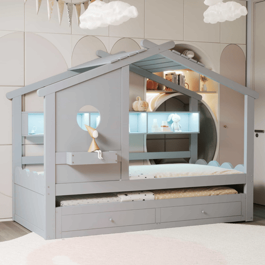 Cama infantil 90x200 - Cama extraível 90x190, design em forma de casa, com duas gavetas, portas USB e Type-C, LED, prateleiras, cama multifuncional - Cinza