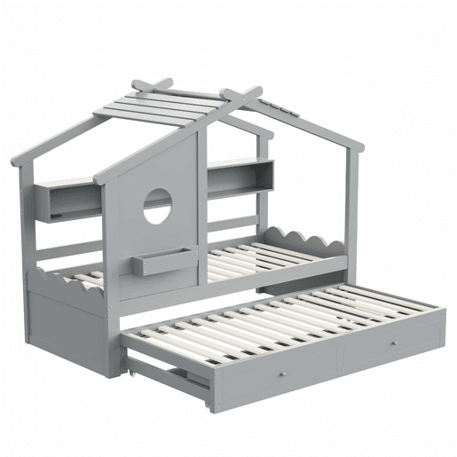 Cama infantil 90x200 - Cama extraível 90x190, design em forma de casa, com duas gavetas, portas USB e Type-C, LED, prateleiras, cama multifuncional - Cinza