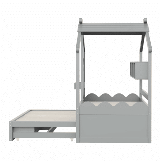 Cama infantil 90x200 - Cama extraível 90x190, design em forma de casa, com duas gavetas, portas USB e Type-C, LED, prateleiras, cama multifuncional - Cinza