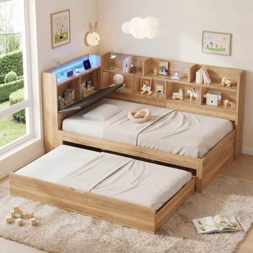Cama infantil 90x200 cm - com arrumação, iluminação LED, portas USB, cama extra 90x190, design em L com prateleiras - cor natural