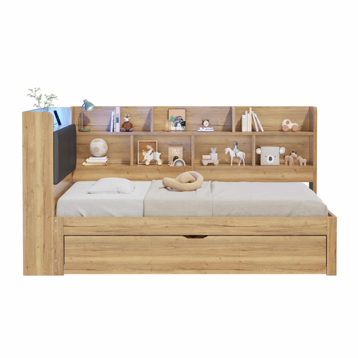 Cama infantil 90x200 cm - com arrumação, iluminação LED, portas USB, cama extra 90x190, design em L com prateleiras - cor natural