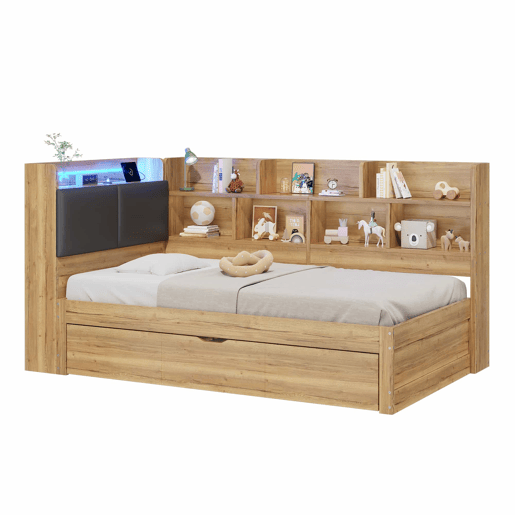 Cama infantil 90x200 cm - com arrumação, iluminação LED, portas USB, cama extra 90x190, design em L com prateleiras - cor natural