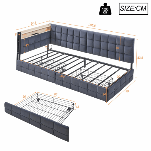 Sofá-cama 90x200 - com 2 gavetas, lâmpada LED, portas USB e Tipo-C, multifuncional para crianças - Cinza