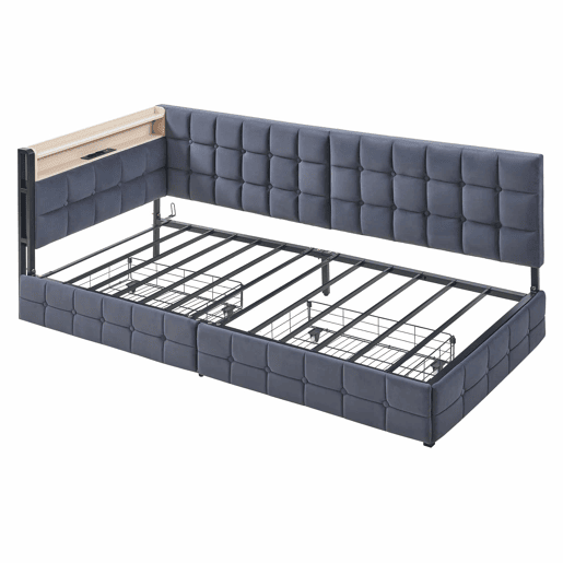 Sofá-cama 90x200 - com 2 gavetas, lâmpada LED, portas USB e Tipo-C, multifuncional para crianças - Cinza