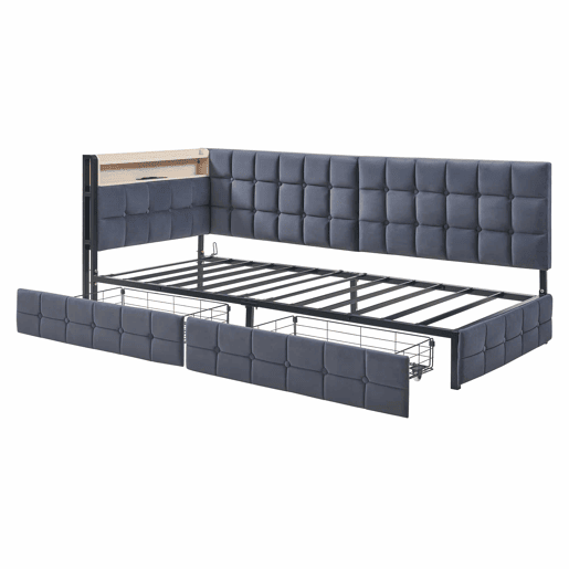 Sofá-cama 90x200 - com 2 gavetas, lâmpada LED, portas USB e Tipo-C, multifuncional para crianças - Cinza