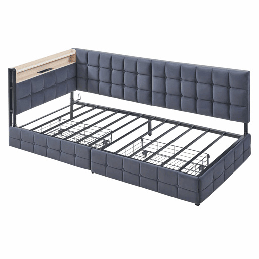 Sofá-cama 90x200 - com 2 gavetas, lâmpada LED, portas USB e Tipo-C, multifuncional para crianças - Cinza