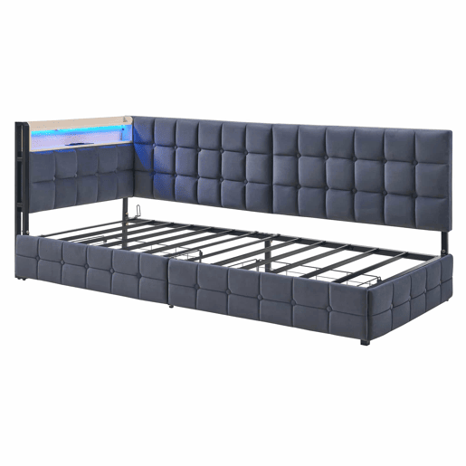 Sofá-cama 90x200 - com 2 gavetas, lâmpada LED, portas USB e Tipo-C, multifuncional para crianças - Cinza
