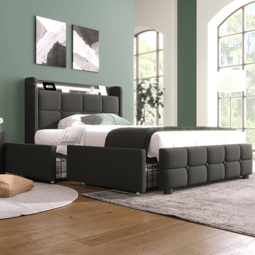 Cama estofada 90x200cm - Função de carregamento USB, cabeceira com iluminação LED e 2 gavetas - Cinza