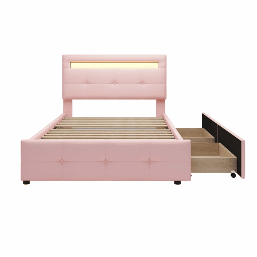 Cama individual 90x200 cm em tecido de linho com LED e 2 gavetas - Rosa