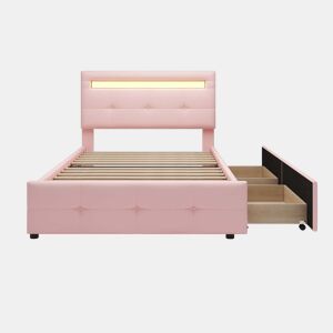Cama individual 90x200 cm em tecido de linho com LED e 2 gavetas - Rosa
