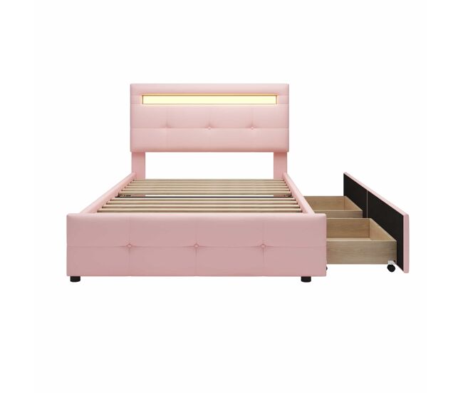 Cama individual 90x200 cm en tejido de lino con led y 2 cajones - rosa