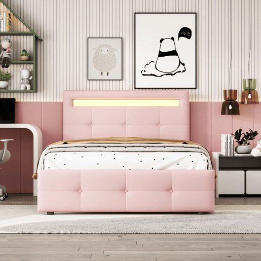 Cama individual 90x200 cm em tecido de linho com LED e 2 gavetas - Rosa
