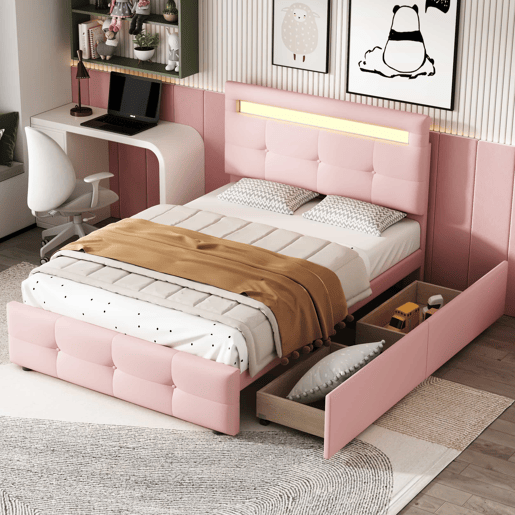 Cama individual 90x200 cm em tecido de linho com LED e 2 gavetas - Rosa