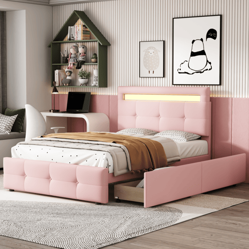 Cama individual 90x200 cm em tecido de linho com LED e 2 gavetas - Rosa