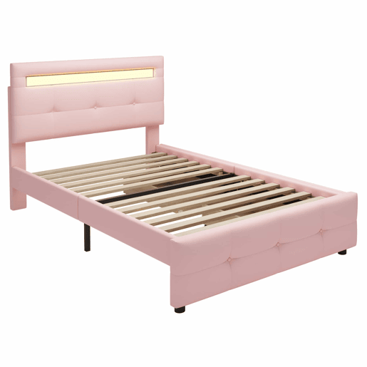 Cama individual 90x200 cm em tecido de linho com LED e 2 gavetas - Rosa