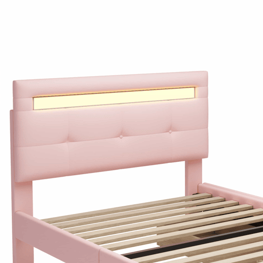 Cama individual 90x200 cm em tecido de linho com LED e 2 gavetas - Rosa