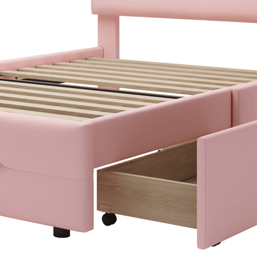 Cama individual 90x200 cm em tecido de linho com LED e 2 gavetas - Rosa