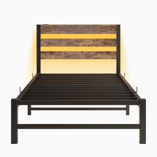 Cama individual 90x200 - LED, USB, arrumação debaixo da cama, metal - Preto e Castanho Cama individual 90x200 - LED, USB, arrumação debaixo da cama, metal - Preto e Castanho