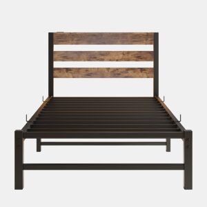 Cama individual 90x200 - LED, USB, arrumação debaixo da cama, metal - Preto e Castanho