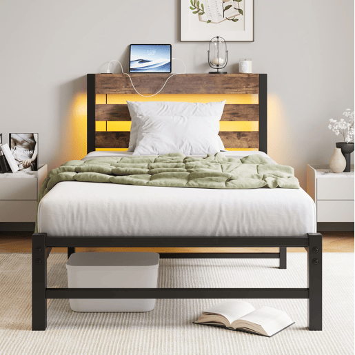 Cama individual 90x200 - LED, USB, arrumação debaixo da cama, metal - Preto e Castanho Cama individual 90x200 - LED, USB, arrumação debaixo da cama, metal - Preto e Castanho