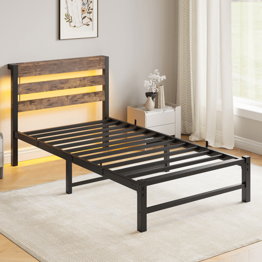 Cama individual 90x200 - LED, USB, arrumação debaixo da cama, metal - Preto e Castanho Cama individual 90x200 - LED, USB, arrumação debaixo da cama, metal - Preto e Castanho