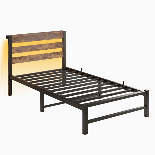 Cama individual 90x200 - LED, USB, arrumação debaixo da cama, metal - Preto e Castanho Cama individual 90x200 - LED, USB, arrumação debaixo da cama, metal - Preto e Castanho