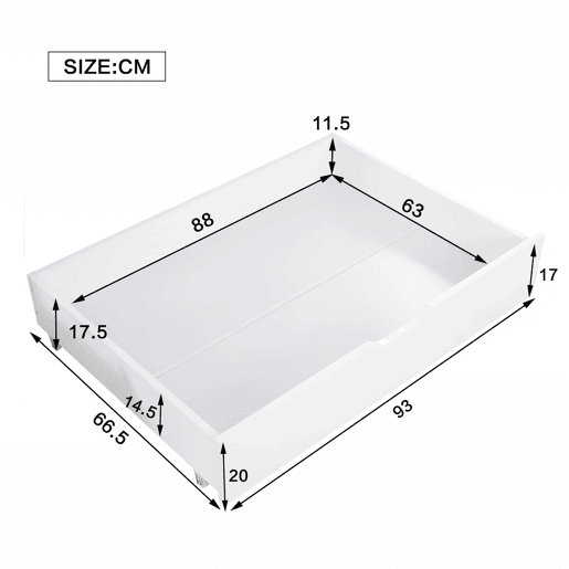 Gavetas para cama 93x66,5x20 cm - 2 gavetas, arrumação debaixo da cama, MDF + rodas, branco
