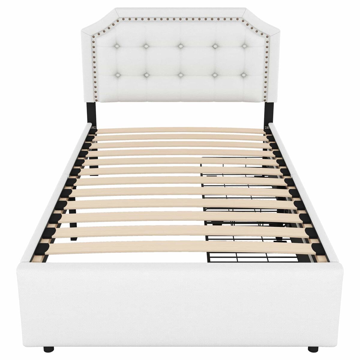 Cama tapizada en tela de lino con 2 cajones - 90x200 cm - cabecero decorado con remaches - beige