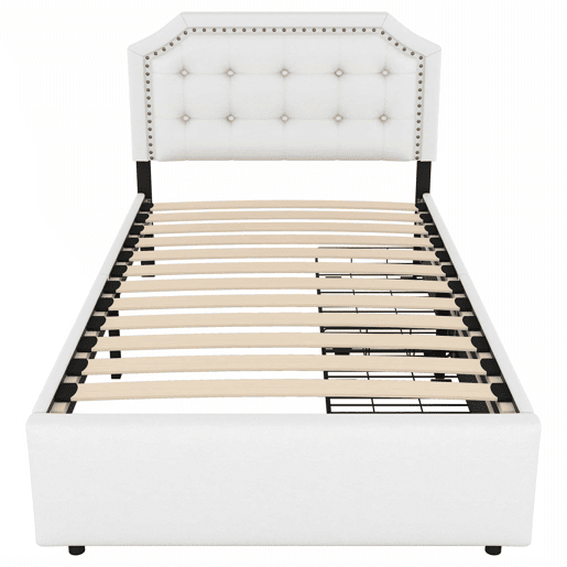 Cama estofada em tecido de linho com 2 gavetas - 90x200 cm - cabeceira decorada com rebites - Bege
