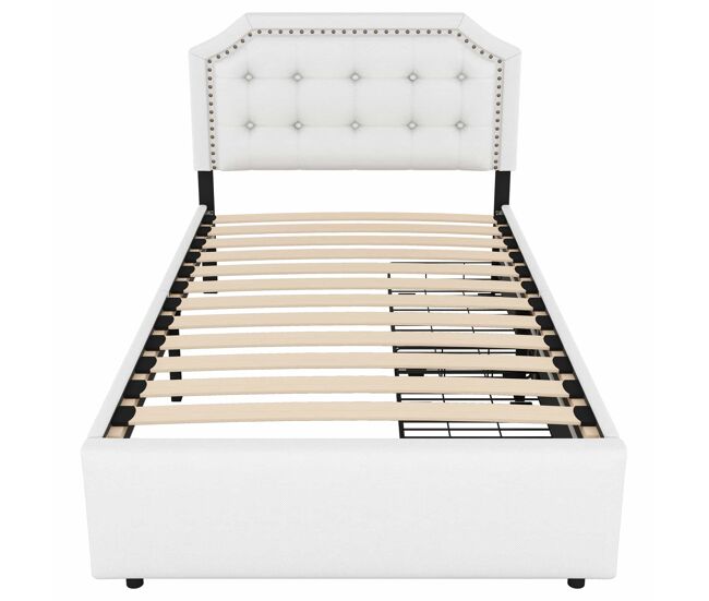 Cama tapizada en tela de lino con 2 cajones - 90x200 cm - cabecero decorado con remaches - beige