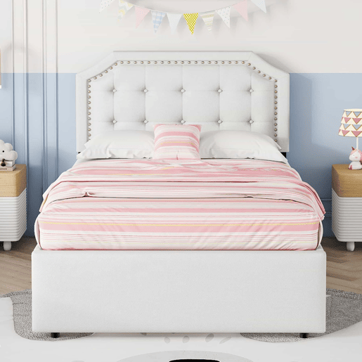 Cama estofada em tecido de linho com 2 gavetas - 90x200 cm - cabeceira decorada com rebites - Bege