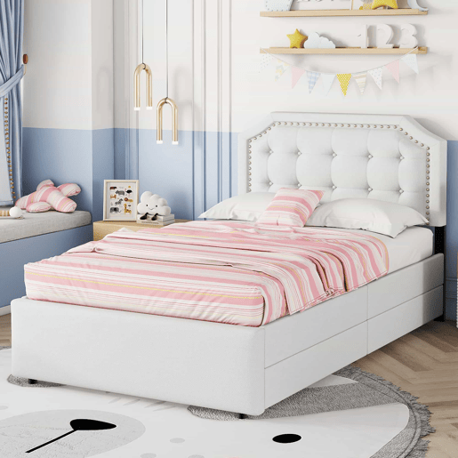 Cama estofada em tecido de linho com 2 gavetas - 90x200 cm - cabeceira decorada com rebites - Bege