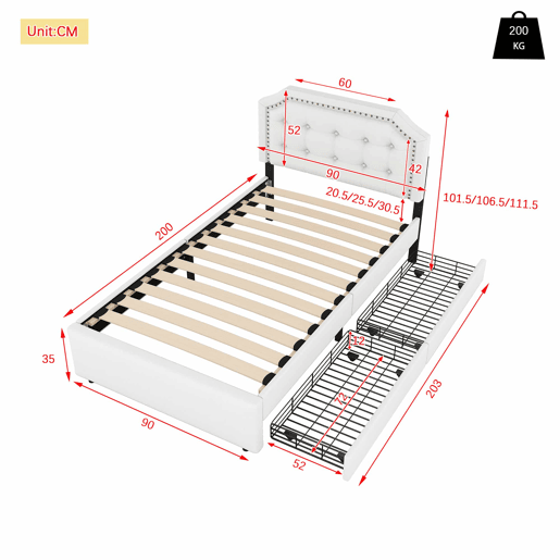 Cama estofada em tecido de linho com 2 gavetas - 90x200 cm - cabeceira decorada com rebites - Bege